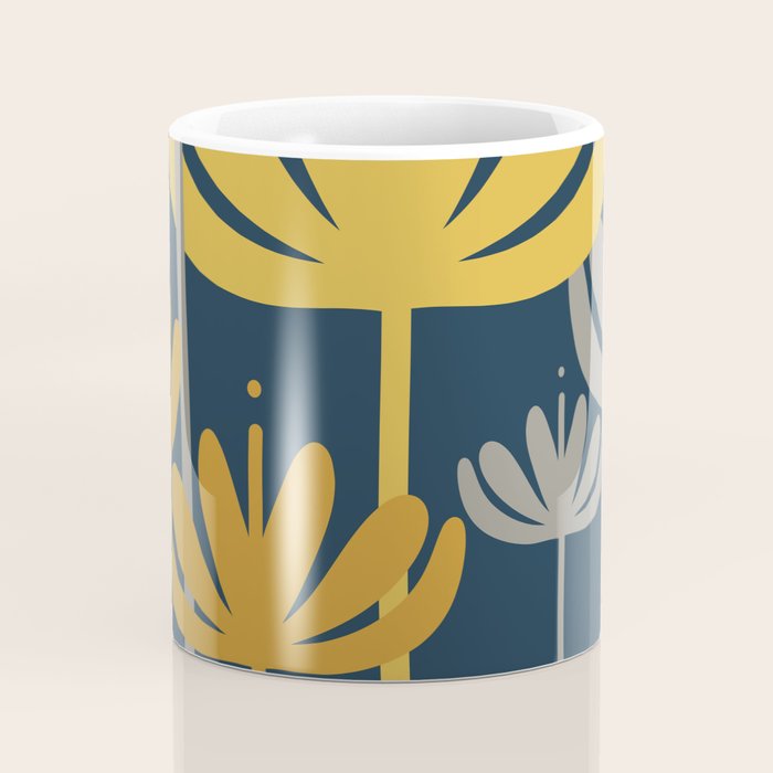 Bali Flowers Floral Pattern in Mustard, Gray, and Navy Blue Coffee Mug Gallery Image 4