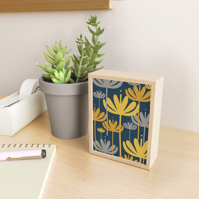 Bali Flowers Floral Pattern in Mustard, Gray, and Navy Blue Mini Art Print Gallery Image 2