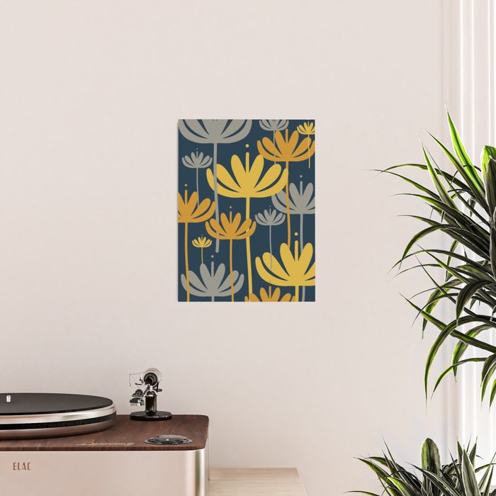 Bali Flowers Floral Pattern in Mustard, Gray, and Navy Blue Poster Gallery Image 2
