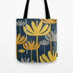 Bali Flowers Floral Pattern in Mustard, Gray, and Navy Blue Tote Bag Gallery Image 1