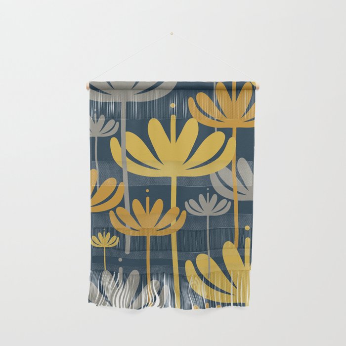Bali Flowers Floral Pattern in Mustard, Gray, and Navy Blue Wall Hanging Gallery Image 1
