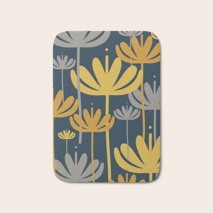 Bali Flowers Floral Pattern in Mustard, Gray, and Navy Blue Bath Mat Gallery Image 1