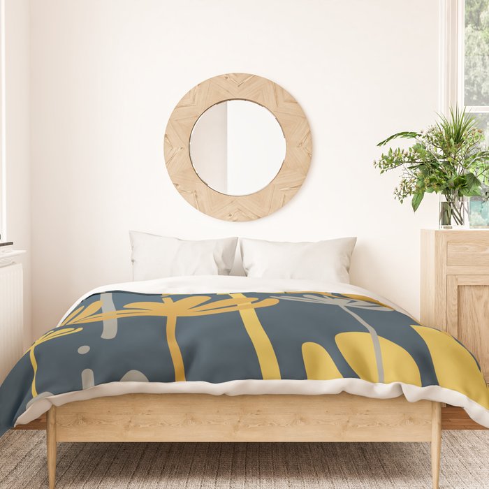 Bali Flowers Floral Pattern in Mustard, Gray, and Navy Blue Duvet Cover Gallery Image 3