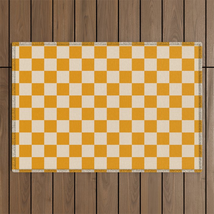 Checkerboard Mini Check Checked Pattern in Honey Mustard and Cream Outdoor Rug Gallery Image 1