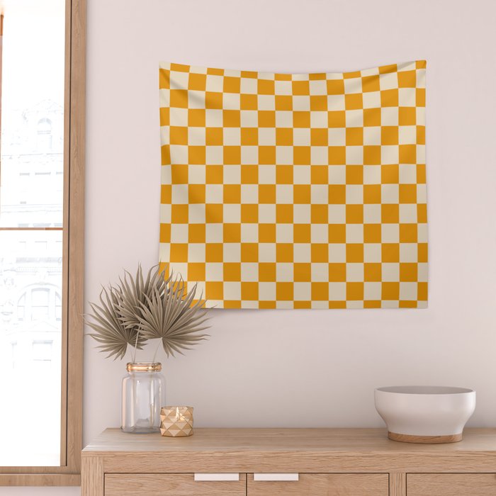 Checkerboard Mini Check Checked Pattern in Honey Mustard and Cream Wall Tapestry Gallery Image 2