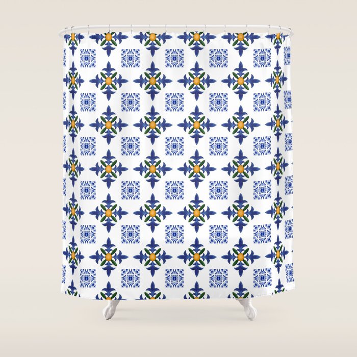 Mosaic,mediterranean,blue tiles art Shower Curtain Gallery Image 1