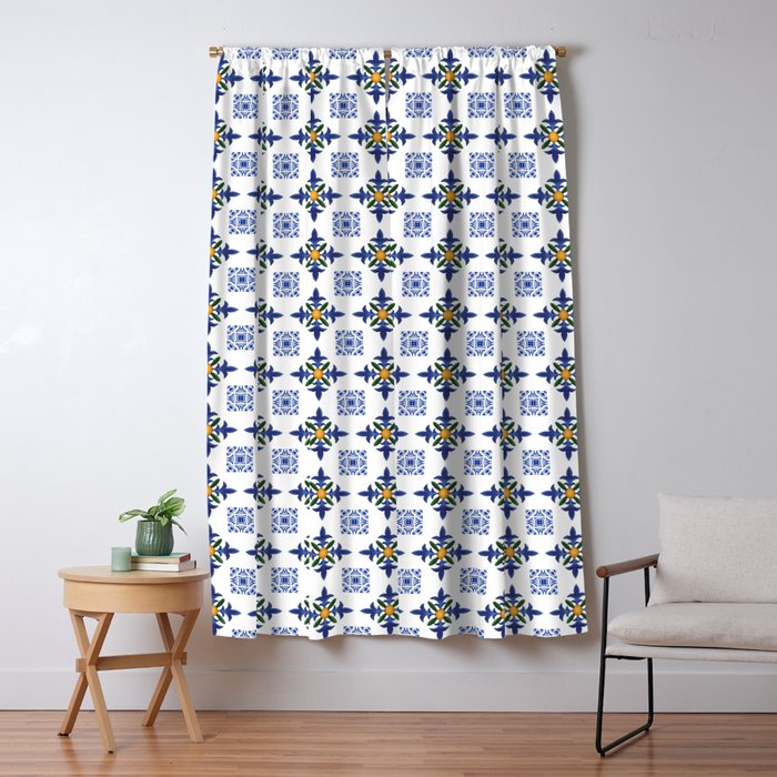 Mosaic,mediterranean,blue tiles art Window Curtain Gallery Image 1
