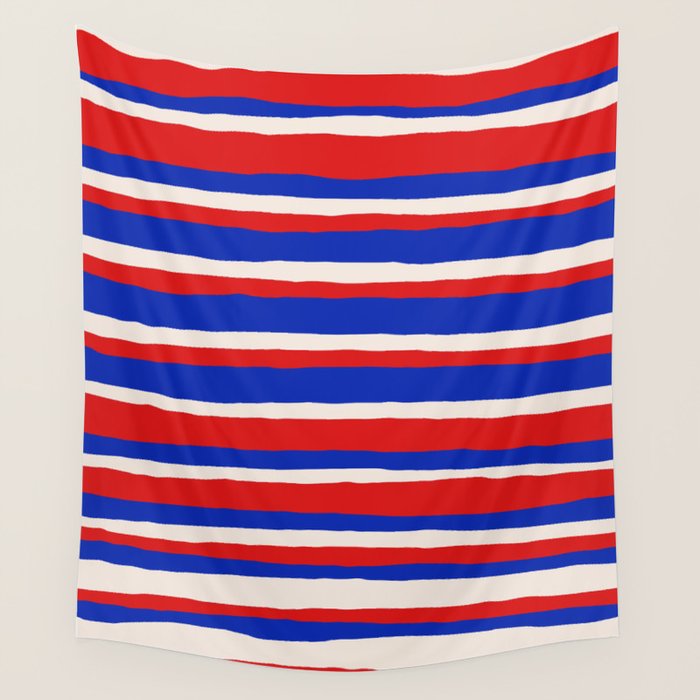 Bold Serrate Stripe Pattern Blue Red Cream Wall Tapestry Gallery Image 4