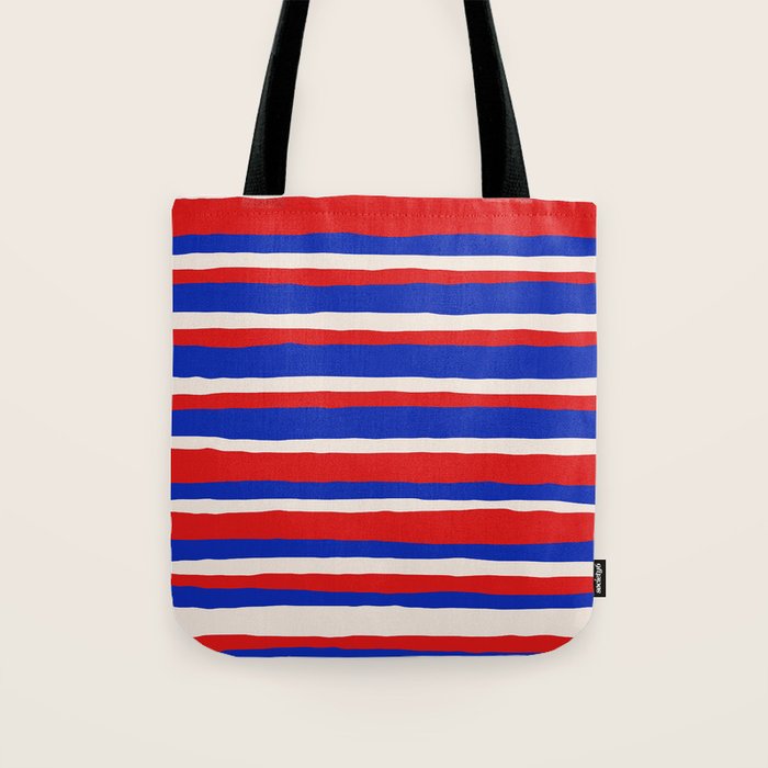 Bold Serrate Stripe Pattern Blue Red Cream Tote Bag Gallery Image 1
