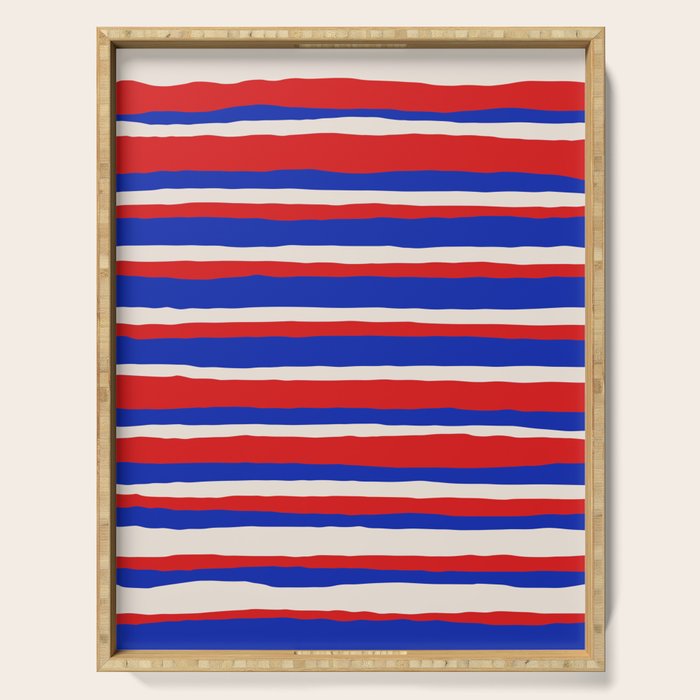 Bold Serrate Stripe Pattern Blue Red Cream Serving Tray Gallery Image 1