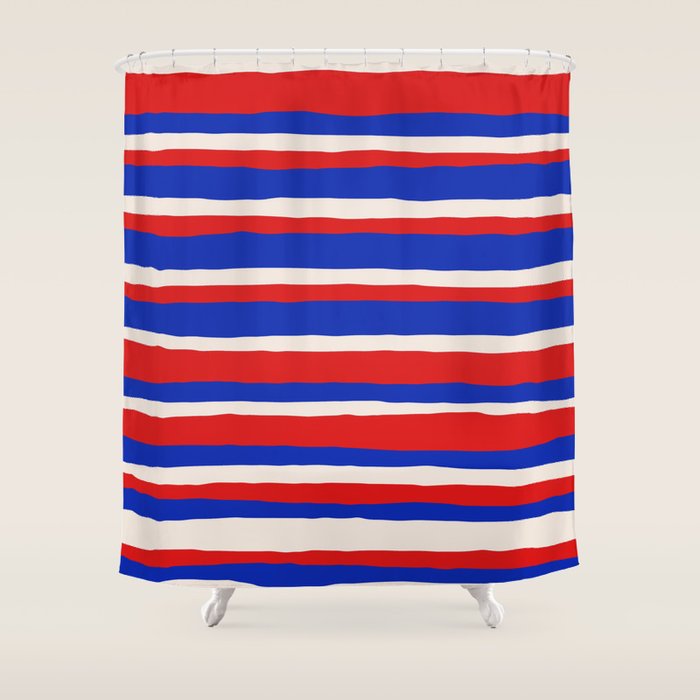 Bold Serrate Stripe Pattern Blue Red Cream Shower Curtain Gallery Image 1