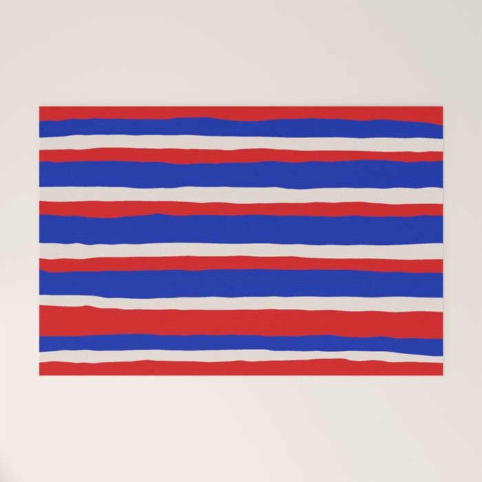 Bold Serrate Stripe Pattern Blue Red Cream Welcome Mat Gallery Image 1
