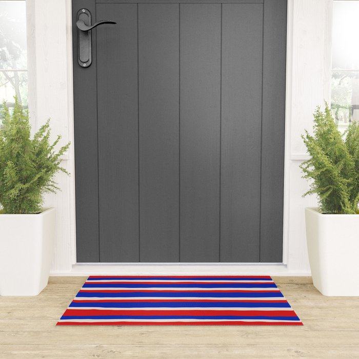 Bold Serrate Stripe Pattern Blue Red Cream Welcome Mat Gallery Image 3