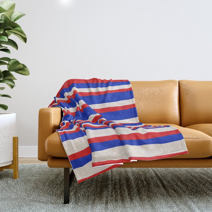 Bold Serrate Stripe Pattern Blue Red Cream Throw Blanket Gallery Image 1
