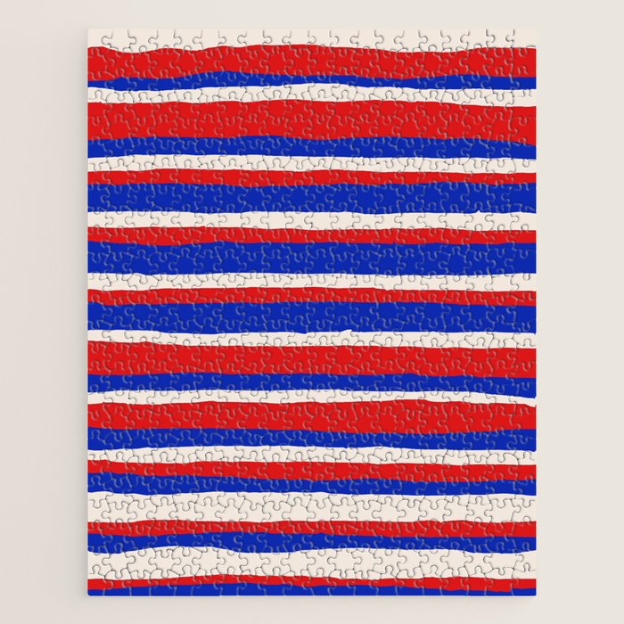Bold Serrate Stripe Pattern Blue Red Cream Jigsaw Puzzle Gallery Image 1