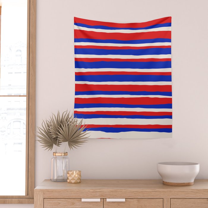 Bold Serrate Stripe Pattern Blue Red Cream Wall Tapestry Gallery Image 2