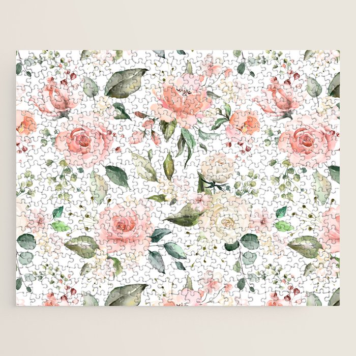 Sunny Floral Pastel Pink Watercolor Flower Pattern Jigsaw Puzzle Gallery Image 1