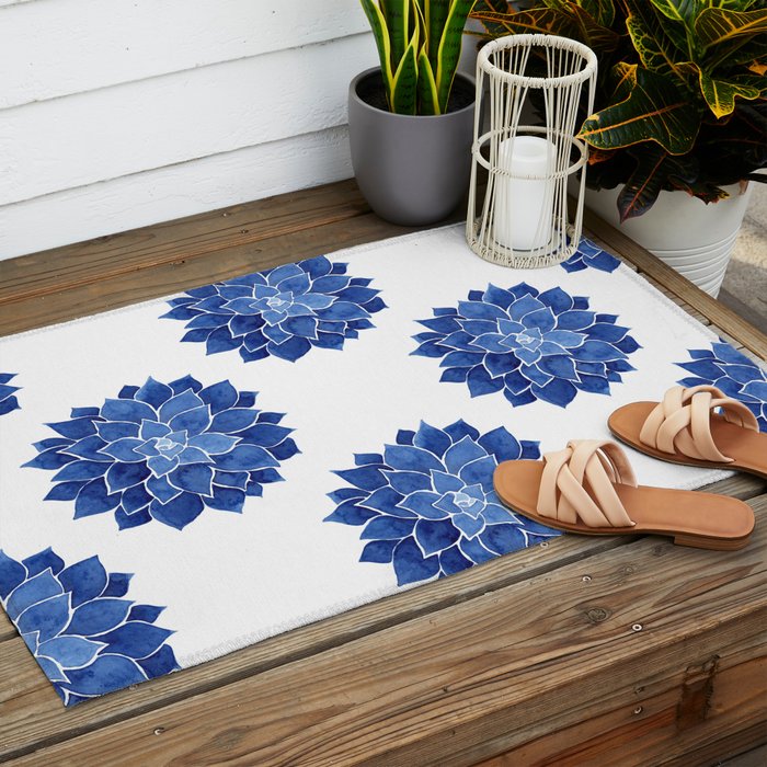 Indigo Succulent |  Watercolor Painting Outdoor Rug Gallery Image 2
