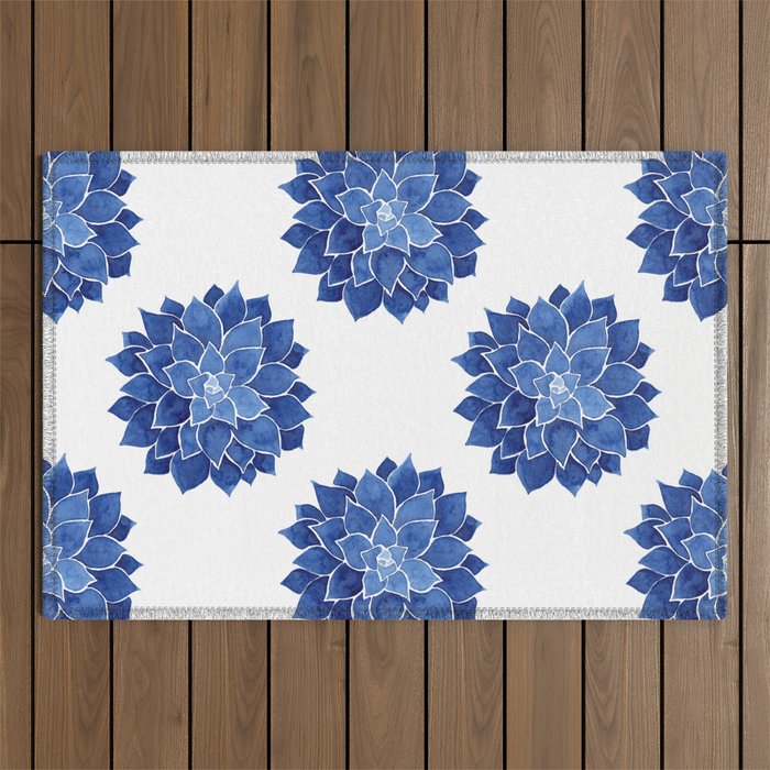 Indigo Succulent |  Watercolor Painting Outdoor Rug Gallery Image 1