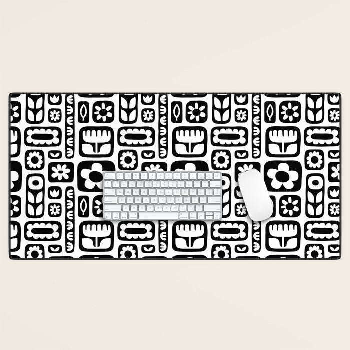 Vintage black and white floral art pattern Desk Mat Gallery Image 1