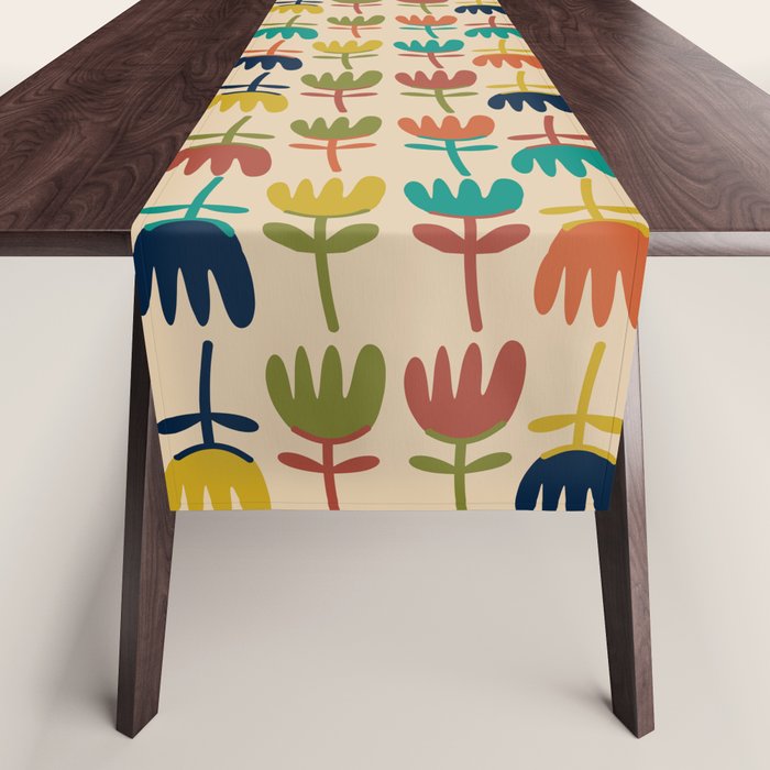 Tulips - Cute Scandinavian Floral Pattern in Midcentury Modern Mustard, Teal, Olive, and Orange on Beige Table Runner Gallery Image 1