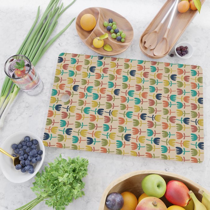 Tulips - Cute Scandinavian Floral Pattern in Midcentury Modern Mustard, Teal, Olive, and Orange on Beige Cutting Board Gallery Image 2