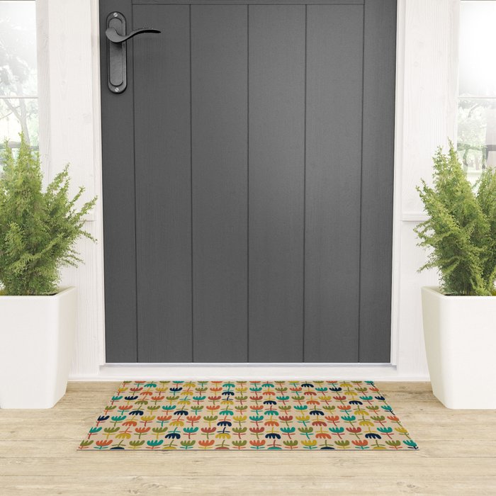 Tulips - Cute Scandinavian Floral Pattern in Midcentury Modern Mustard, Teal, Olive, and Orange on Beige Welcome Mat Gallery Image 3