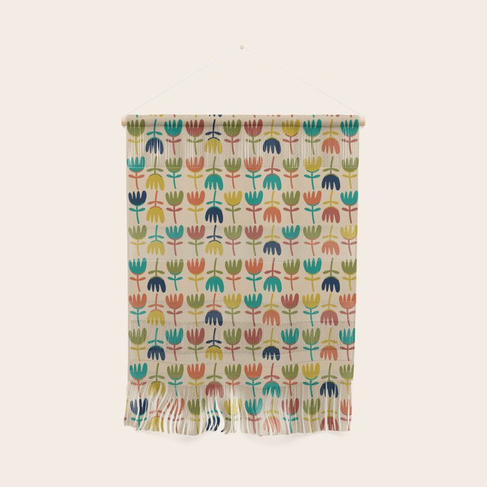 Tulips - Cute Scandinavian Floral Pattern in Midcentury Modern Mustard, Teal, Olive, and Orange on Beige Wall Hanging Gallery Image 1