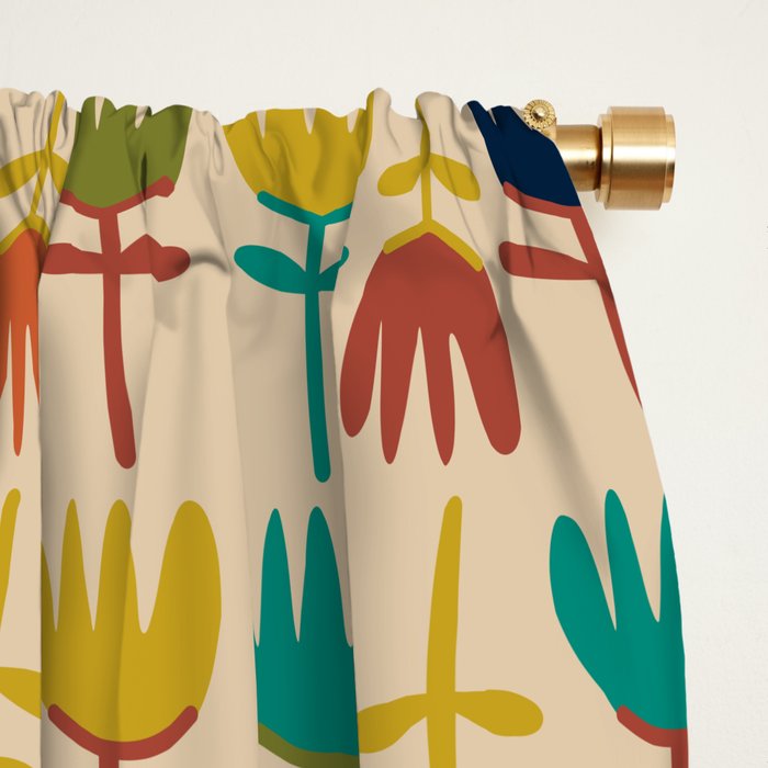 Tulips - Cute Scandinavian Floral Pattern in Midcentury Modern Mustard, Teal, Olive, and Orange on Beige Window Curtain Gallery Image 2