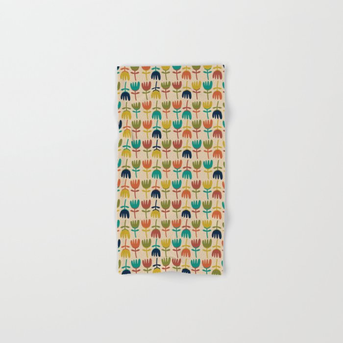 Tulips - Cute Scandinavian Floral Pattern in Midcentury Modern Mustard, Teal, Olive, and Orange on Beige Bath Towel Gallery Image 1