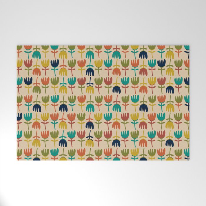 Tulips - Cute Scandinavian Floral Pattern in Midcentury Modern Mustard, Teal, Olive, and Orange on Beige Welcome Mat Gallery Image 1