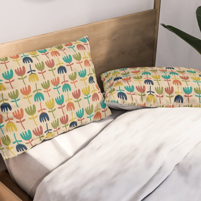 Tulips - Cute Scandinavian Floral Pattern in Midcentury Modern Mustard, Teal, Olive, and Orange on Beige Pillow Sham Gallery Image 2
