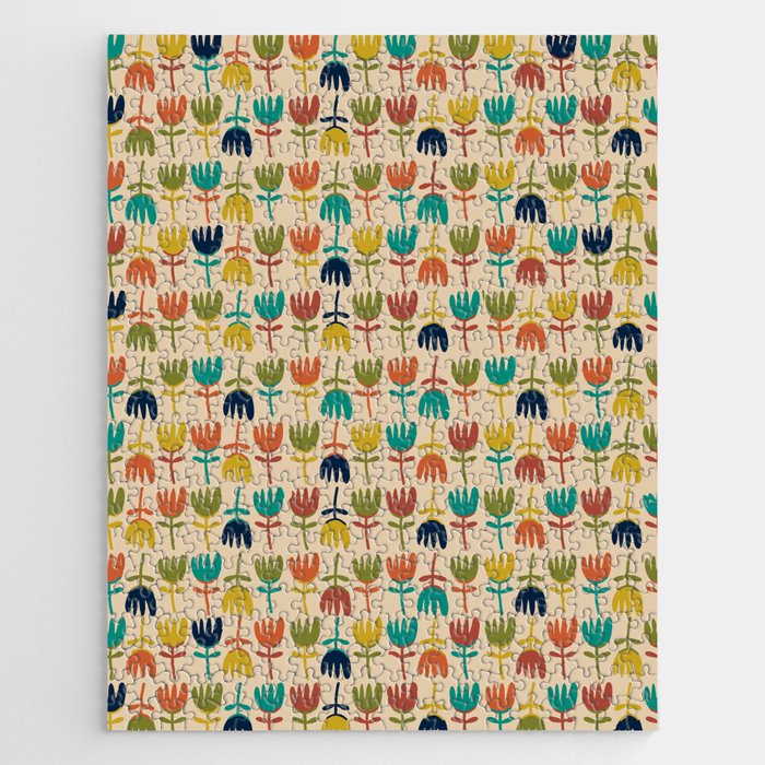 Tulips - Cute Scandinavian Floral Pattern in Midcentury Modern Mustard, Teal, Olive, and Orange on Beige Jigsaw Puzzle
