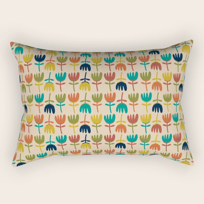 Tulips - Cute Scandinavian Floral Pattern in Midcentury Modern Mustard, Teal, Olive, and Orange on Beige Rectangular Pillow Gallery Image 1
