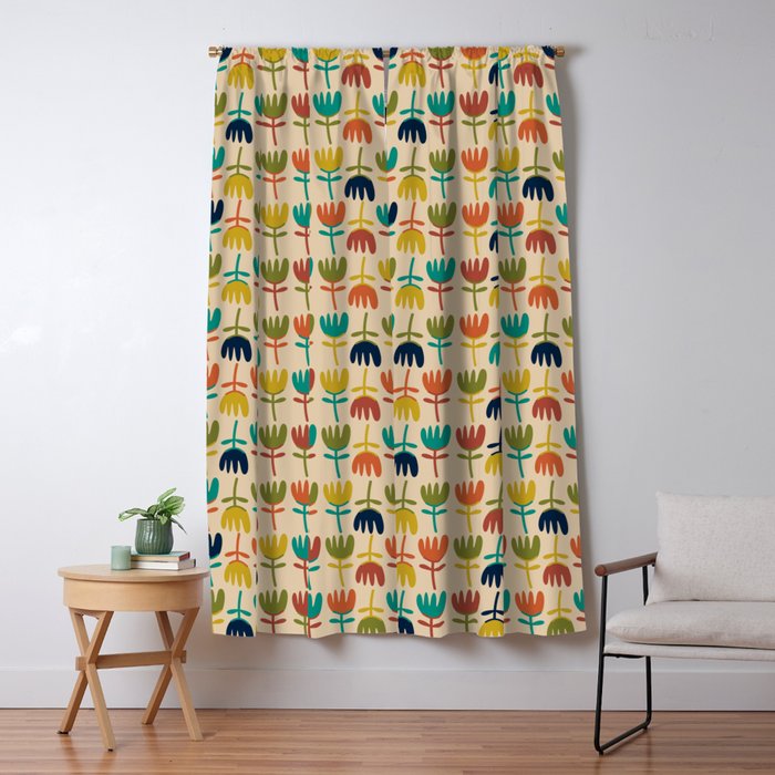 Tulips - Cute Scandinavian Floral Pattern in Midcentury Modern Mustard, Teal, Olive, and Orange on Beige Window Curtain Gallery Image 5