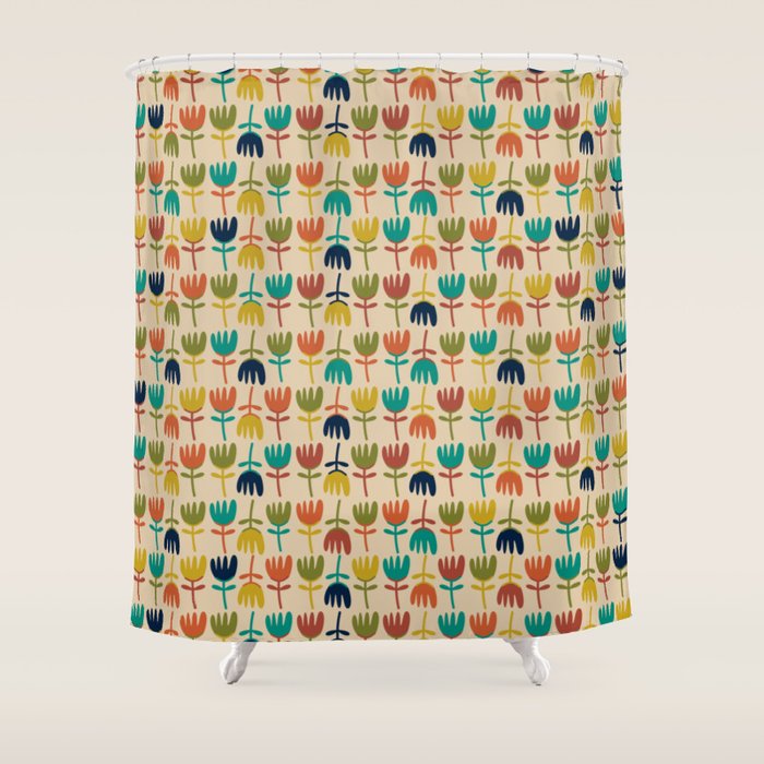 Tulips - Cute Scandinavian Floral Pattern in Midcentury Modern Mustard, Teal, Olive, and Orange on Beige Shower Curtain Gallery Image 1