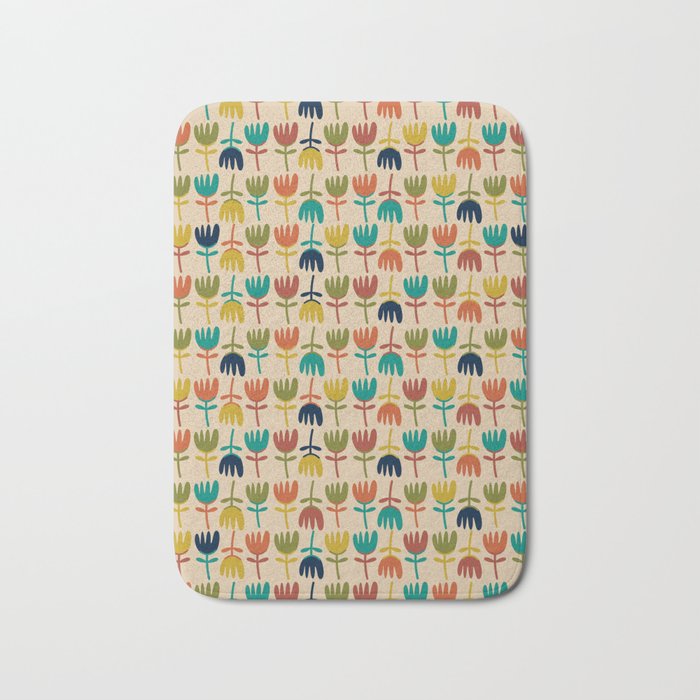 Tulips - Cute Scandinavian Floral Pattern in Midcentury Modern Mustard, Teal, Olive, and Orange on Beige Bath Mat Gallery Image 1