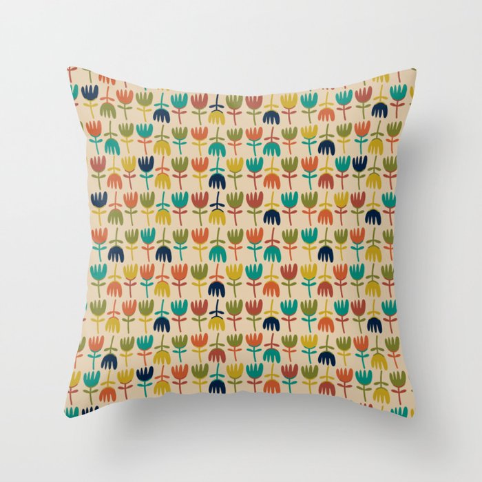 Tulips - Cute Scandinavian Floral Pattern in Midcentury Modern Mustard, Teal, Olive, and Orange on Beige Throw Pillow Gallery Image 6