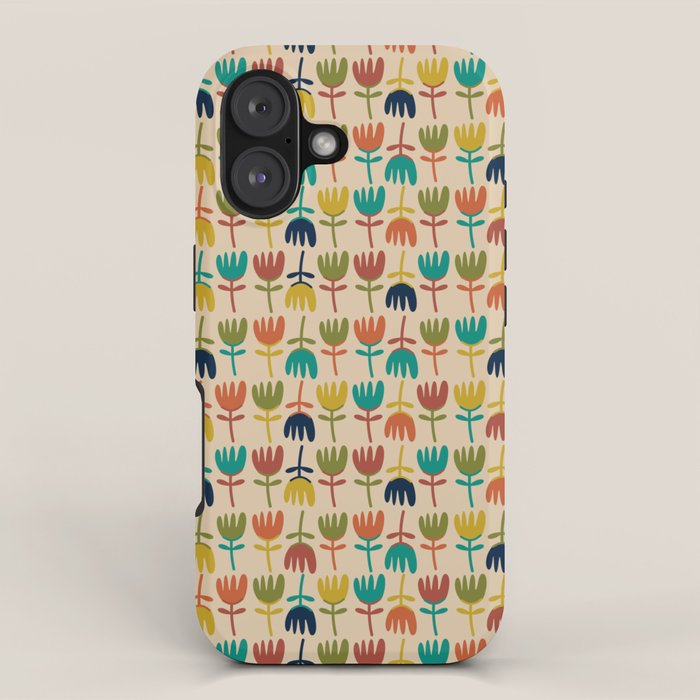 Tulips - Cute Scandinavian Floral Pattern in Midcentury Modern Mustard, Teal, Olive, and Orange on Beige iPhone Case Gallery Image 1