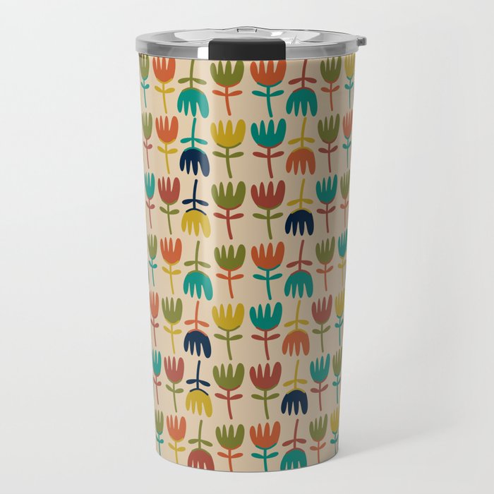 Tulips - Cute Scandinavian Floral Pattern in Midcentury Modern Mustard, Teal, Olive, and Orange on Beige Travel Mug Gallery Image 1
