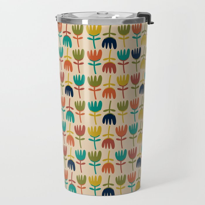Tulips - Cute Scandinavian Floral Pattern in Midcentury Modern Mustard, Teal, Olive, and Orange on Beige Travel Mug Gallery Image 2
