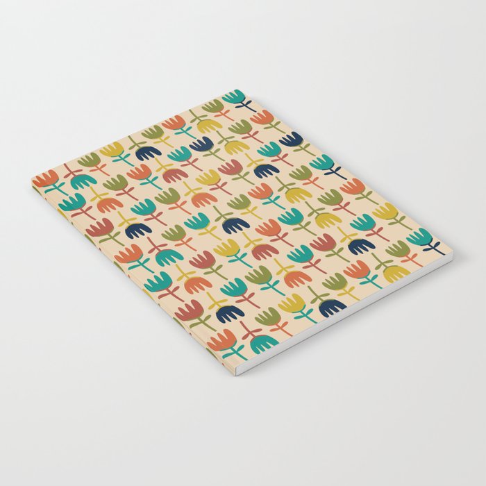 Tulips - Cute Scandinavian Floral Pattern in Midcentury Modern Mustard, Teal, Olive, and Orange on Beige Notebook