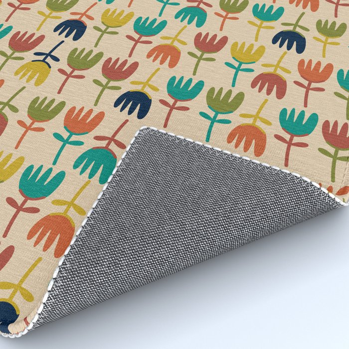 Tulips - Cute Scandinavian Floral Pattern in Midcentury Modern Mustard, Teal, Olive, and Orange on Beige Rug Gallery Image 4