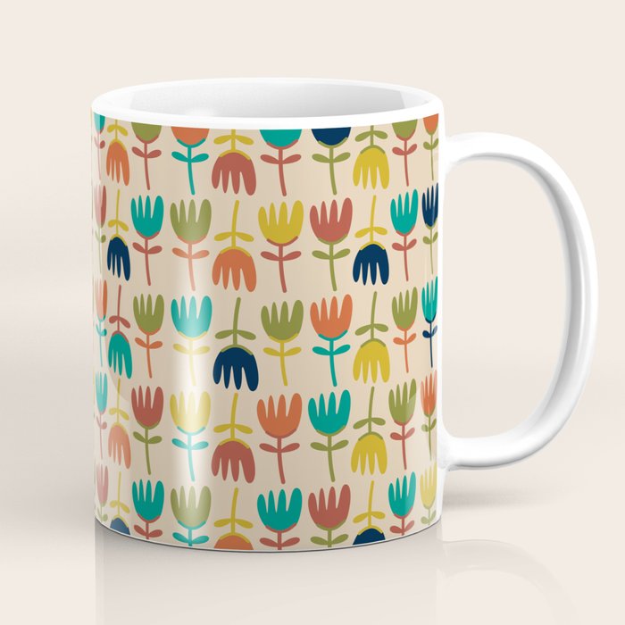 Tulips - Cute Scandinavian Floral Pattern in Midcentury Modern Mustard, Teal, Olive, and Orange on Beige Coffee Mug Gallery Image 1
