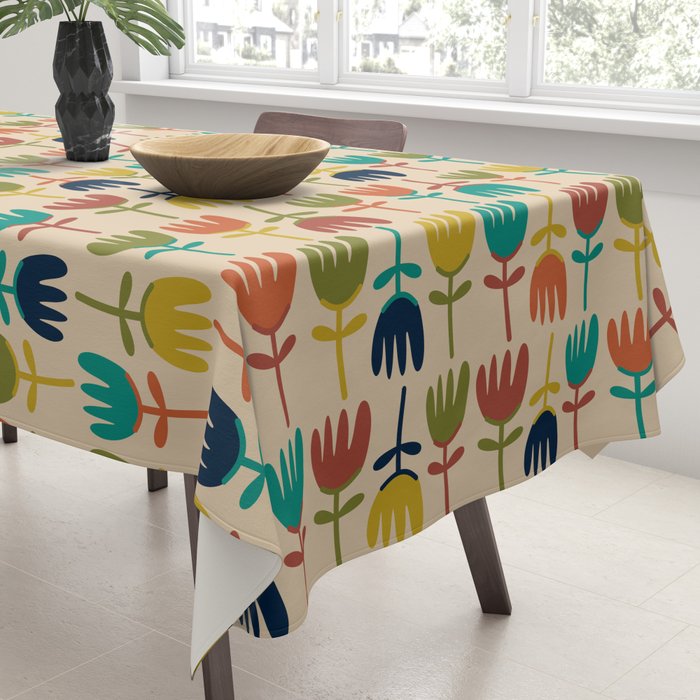 Tulips - Cute Scandinavian Floral Pattern in Midcentury Modern Mustard, Teal, Olive, and Orange on Beige Tablecloth Gallery Image 3