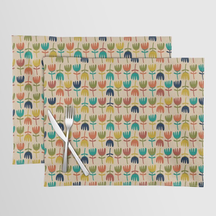 Tulips - Cute Scandinavian Floral Pattern in Midcentury Modern Mustard, Teal, Olive, and Orange on Beige Placemat Gallery Image 1