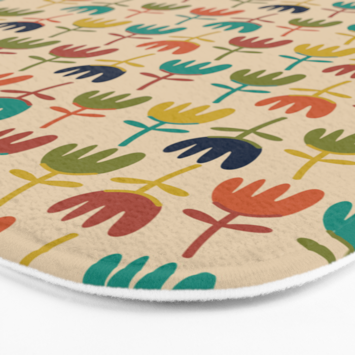 Tulips - Cute Scandinavian Floral Pattern in Midcentury Modern Mustard, Teal, Olive, and Orange on Beige Bath Mat Gallery Image 3