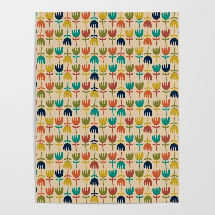 Tulips - Cute Scandinavian Floral Pattern in Midcentury Modern Mustard, Teal, Olive, and Orange on Beige Poster Gallery Image 4