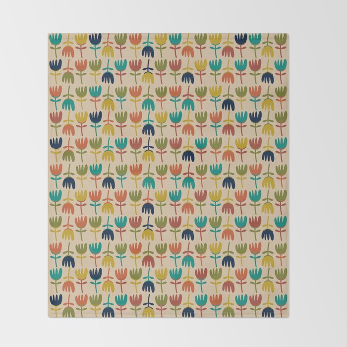 Tulips - Cute Scandinavian Floral Pattern in Midcentury Modern Mustard, Teal, Olive, and Orange on Beige Throw Blanket Gallery Image 2