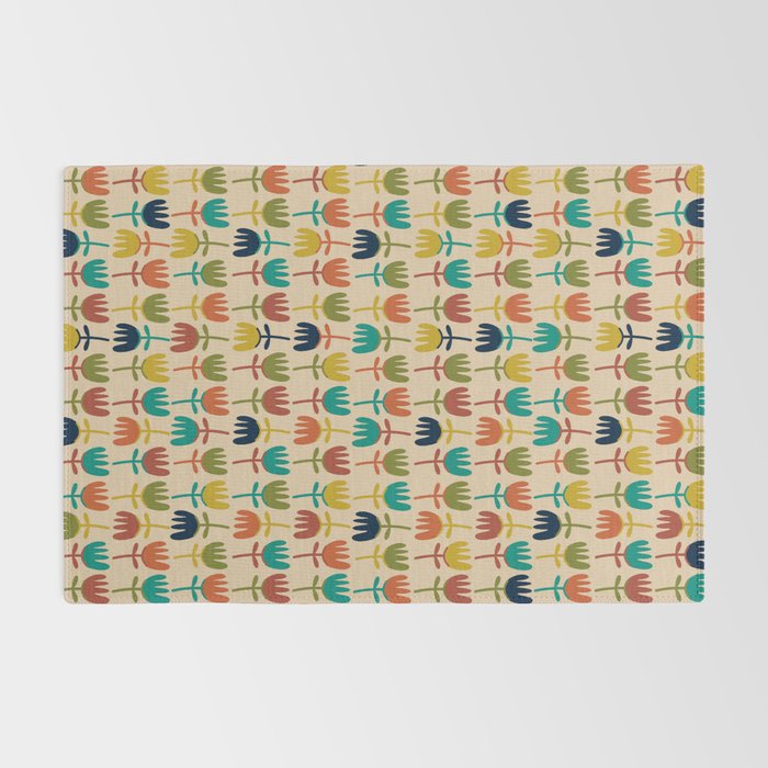 Tulips - Cute Scandinavian Floral Pattern in Midcentury Modern Mustard, Teal, Olive, and Orange on Beige Rug Gallery Image 2